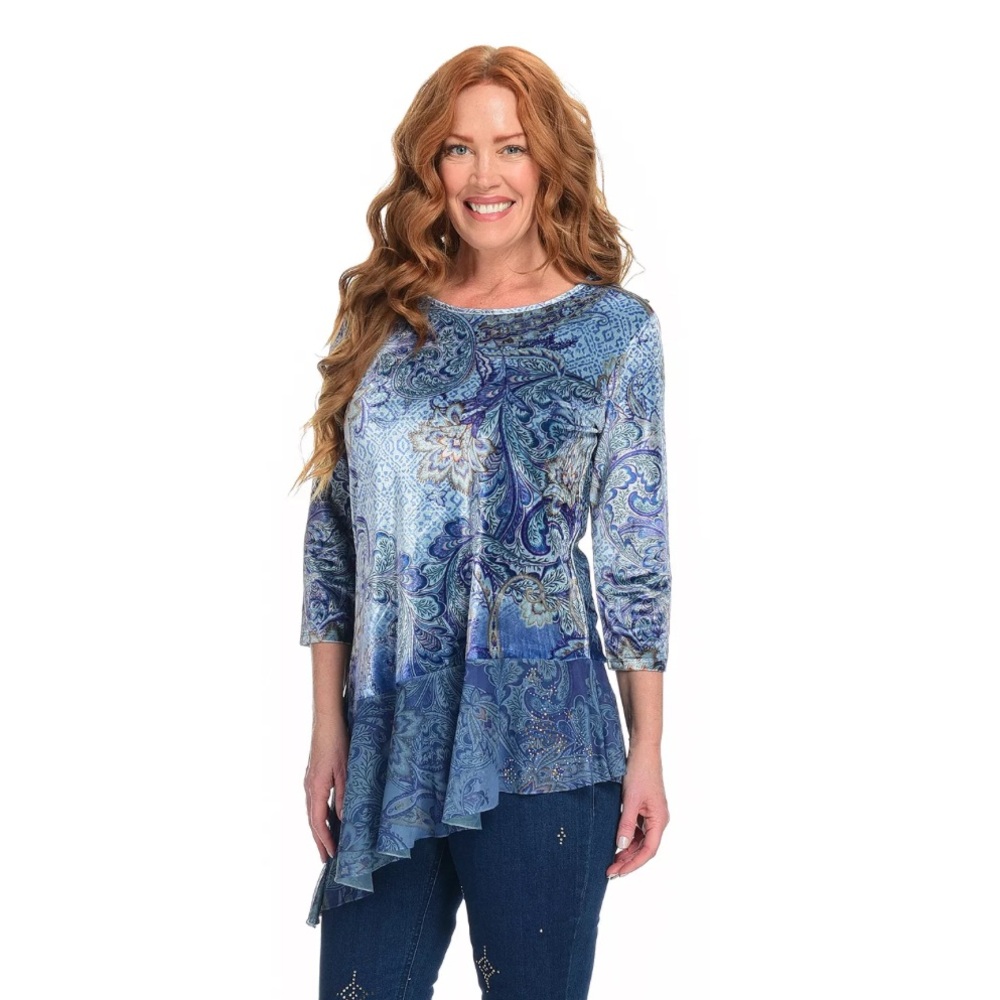 Women’s One World Blue 3/4 Sleeve Scoop Neck Asymmetrical Hem Top